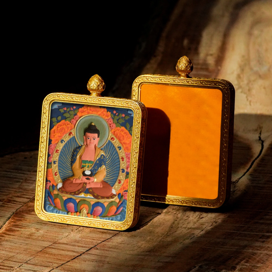 Fanchen·Hand-painted 3D Thangka brass Buddha image pendant necklace (Gawu Box)