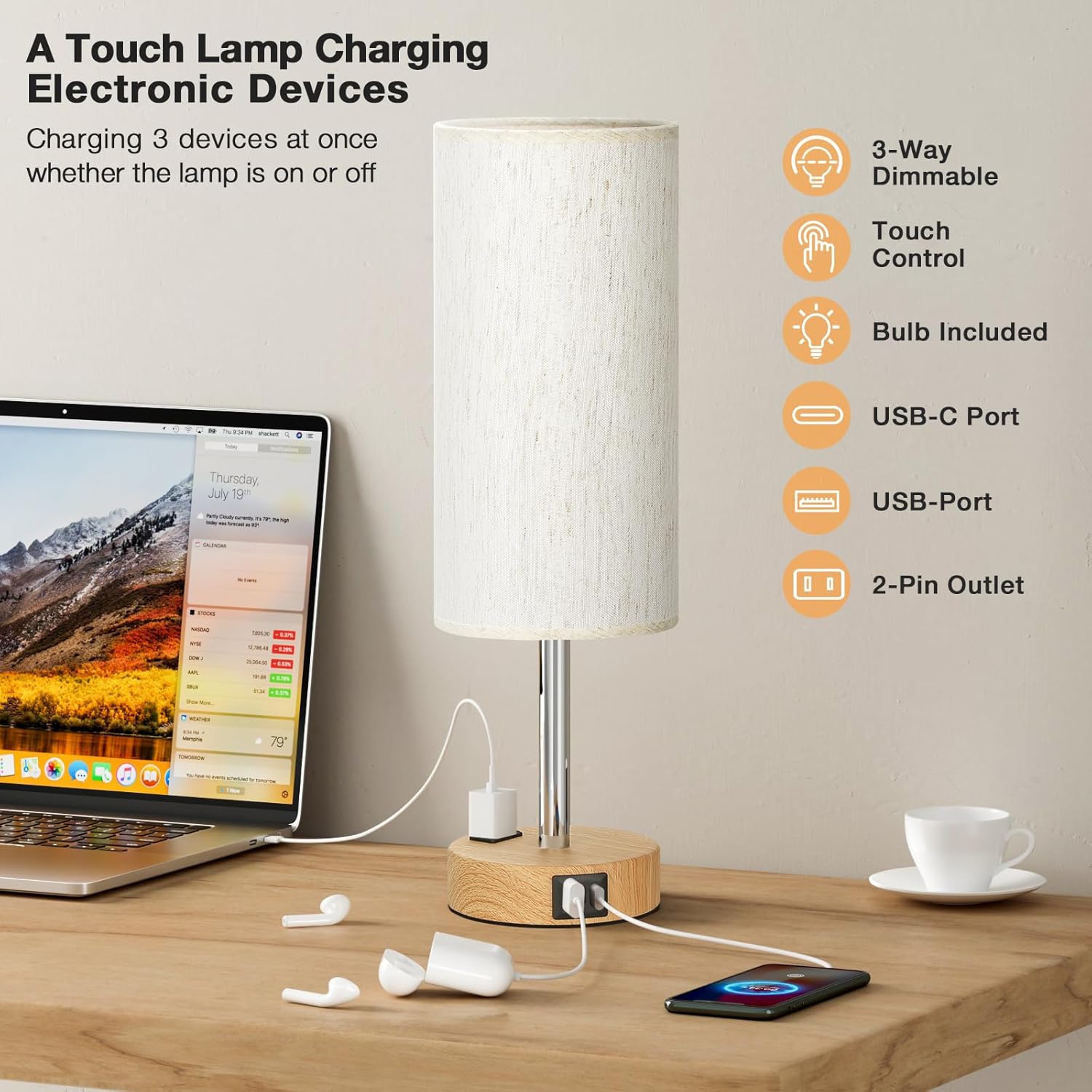 Touch Bedside Lamp with USB-C & AC Outlet